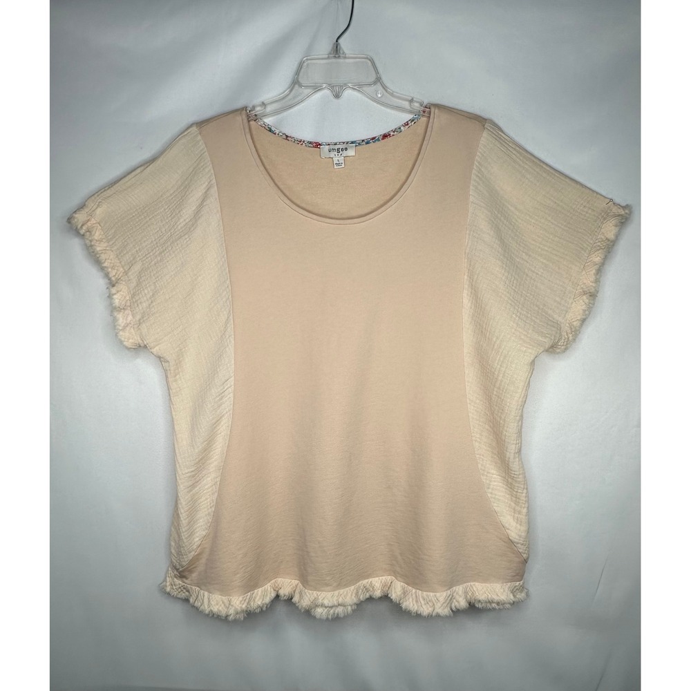 Umgee USA Peach Tan Mixed Media Fringe Hem Boho Top Festival Large